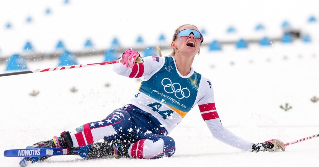 Jesse Diggins collapses in pain after securing bronze in women's 10km freestyle